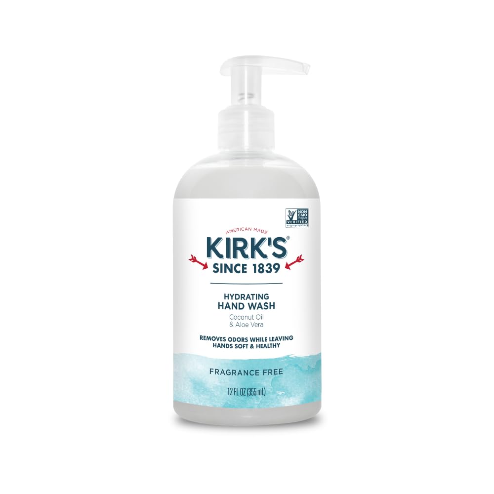 Kirk's Hydrating Hand Wash - Made with Coconut Oil and Aloe Vera, With Odor Neutralizing Technology To Help Eliminate Odors, Non-GMO, Vegan, Fragrance Free, 12 Fl Oz. 4 pack