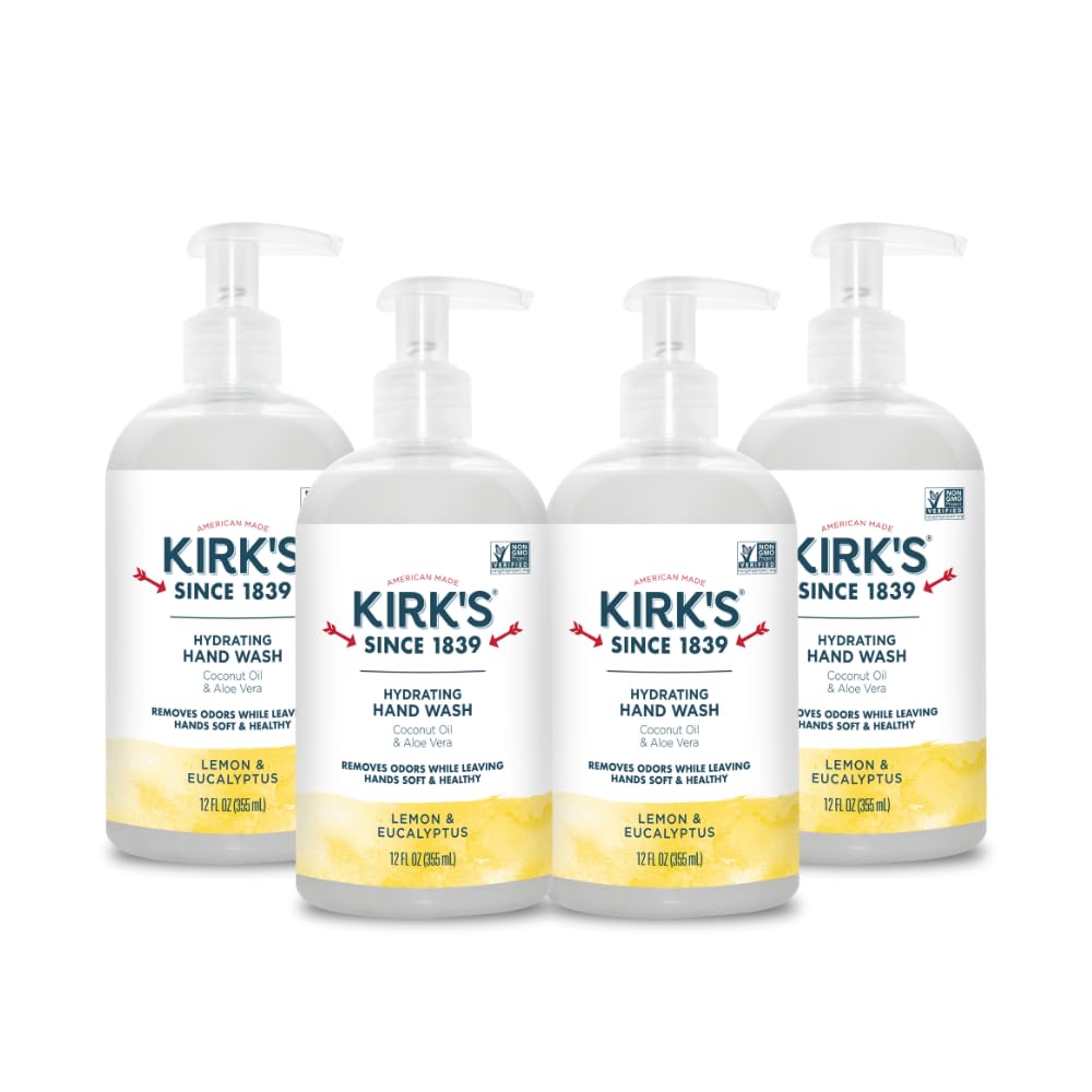 Kirk's Hydrating Hand Wash - Made with Coconut Oil and Aloe Vera, With Odor Neutralizing Technology To Help Eliminate Odors, Non-GMO, Vegan, Fragrance Free, 12 Fl Oz. 4 pack