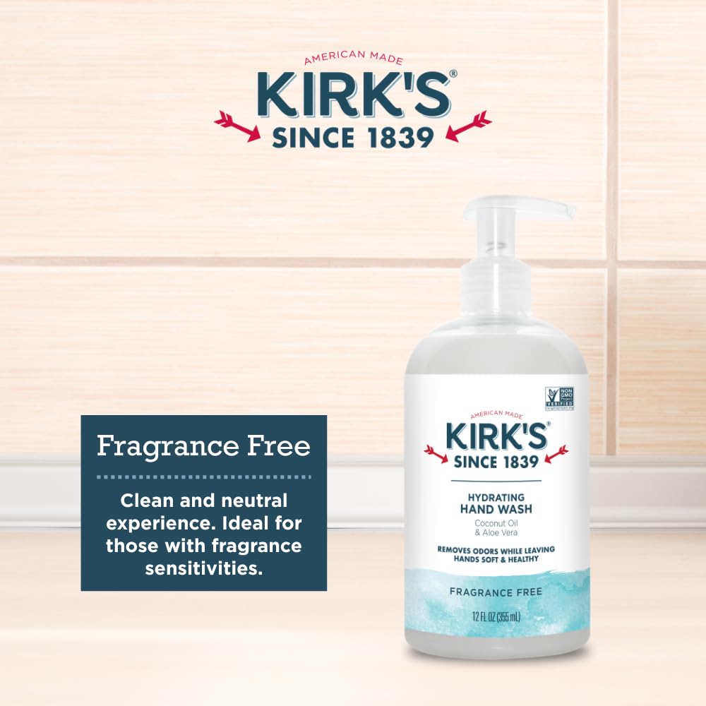 Kirk's Hydrating Hand Wash - Made with Coconut Oil and Aloe Vera, With Odor Neutralizing Technology To Help Eliminate Odors, Non-GMO, Vegan, Fragrance Free, 12 Fl Oz. 4 pack