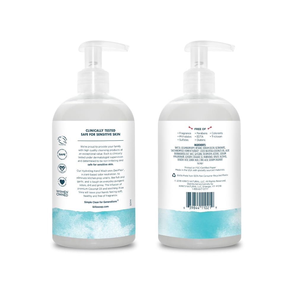 Kirk's Hydrating Hand Wash - Made with Coconut Oil and Aloe Vera, With Odor Neutralizing Technology To Help Eliminate Odors, Non-GMO, Vegan, Fragrance Free, 12 Fl Oz. 4 pack