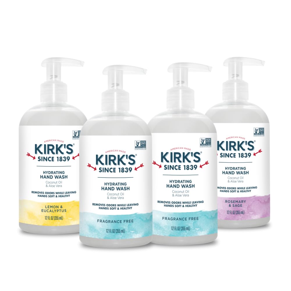 Kirk's Hydrating Hand Wash - Made with Coconut Oil and Aloe Vera, With Odor Neutralizing Technology To Help Eliminate Odors, Non-GMO, Vegan, Fragrance Free, 12 Fl Oz. 4 pack