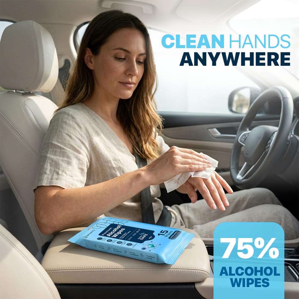 90 Large Alcohol Wipes - 75% Ethyl Alcohol Hand Wipes - 6 Packs of 15 - Fragrance Free, Skin Safe, Latex Free for Travel, Nails