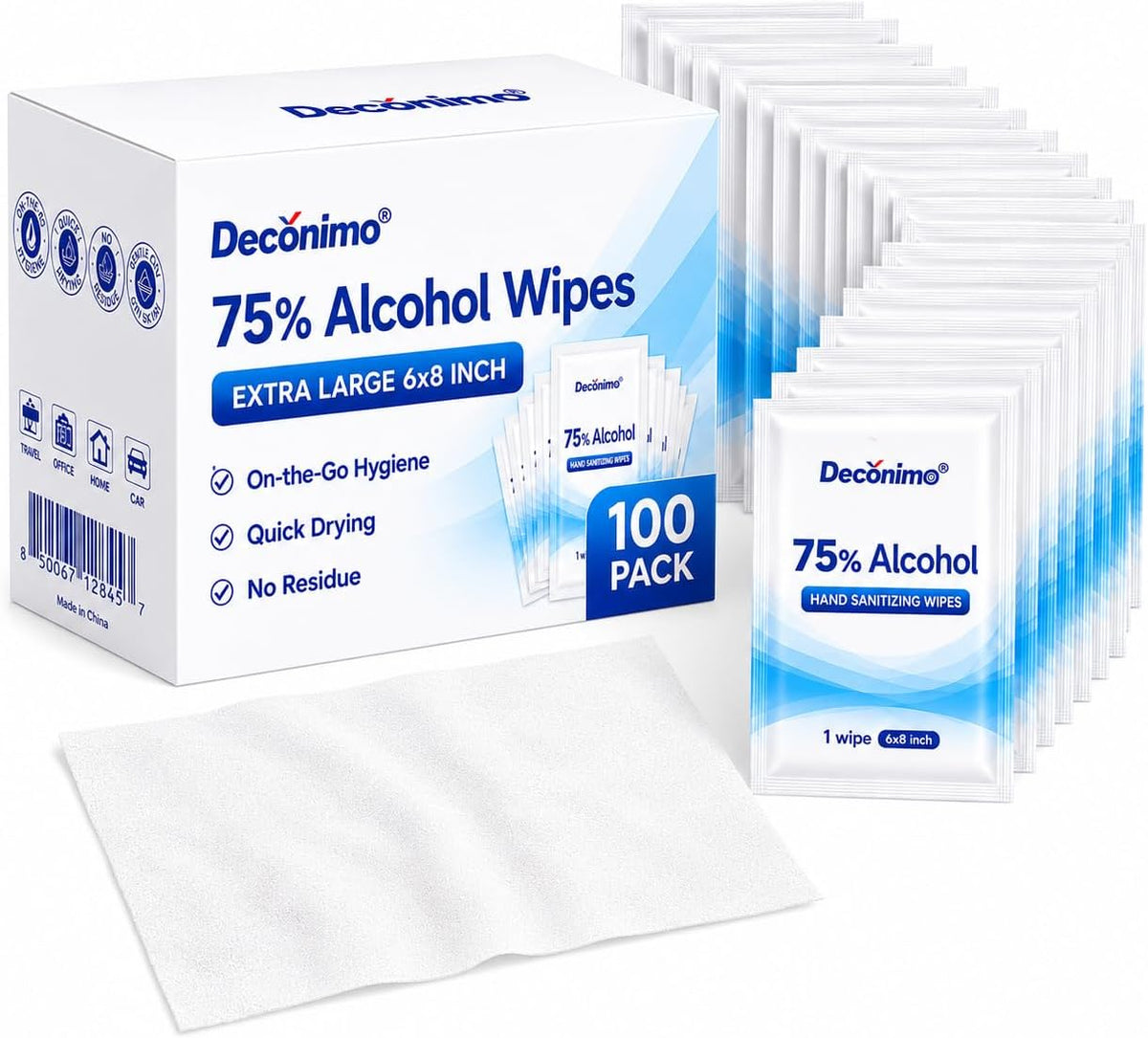Extra Large 75% Alcohol Wipes, 100 Individually Wrapped 6 x 8 Inch Sanitizing Wipes