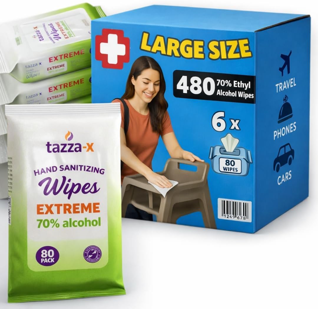 Tazza Alcohol Wipes - Unscented, Travel Hand Cleaning Wipes - 80 Ct (Pack of 6, 480 Wipes)