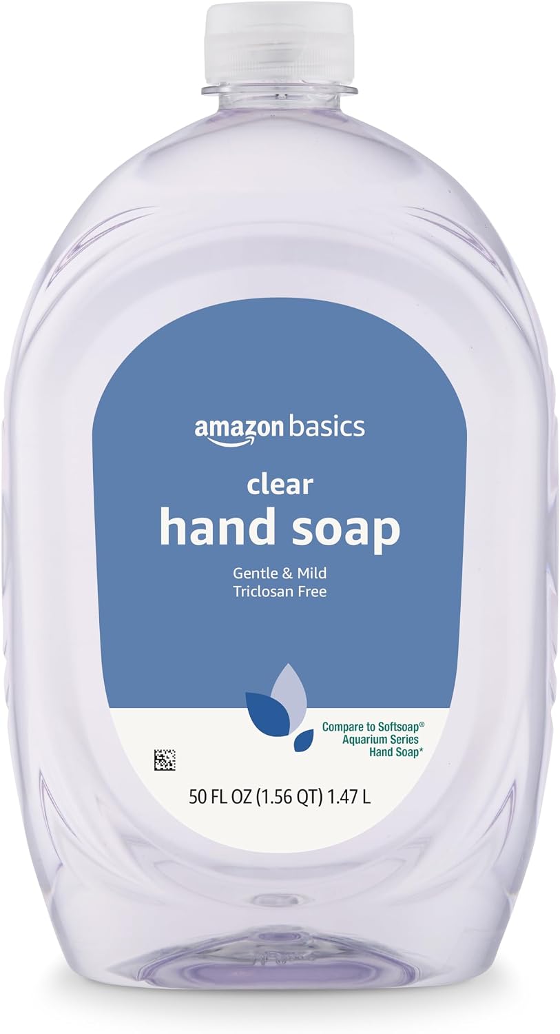 Amazon Basics Gentle & Mild Clear Liquid Hand Soap Refill, Triclosan-Free, Dermatologist-Tested, pH Balanced, 50 Fl Oz, (Previously Solimo) (Pack of 4)