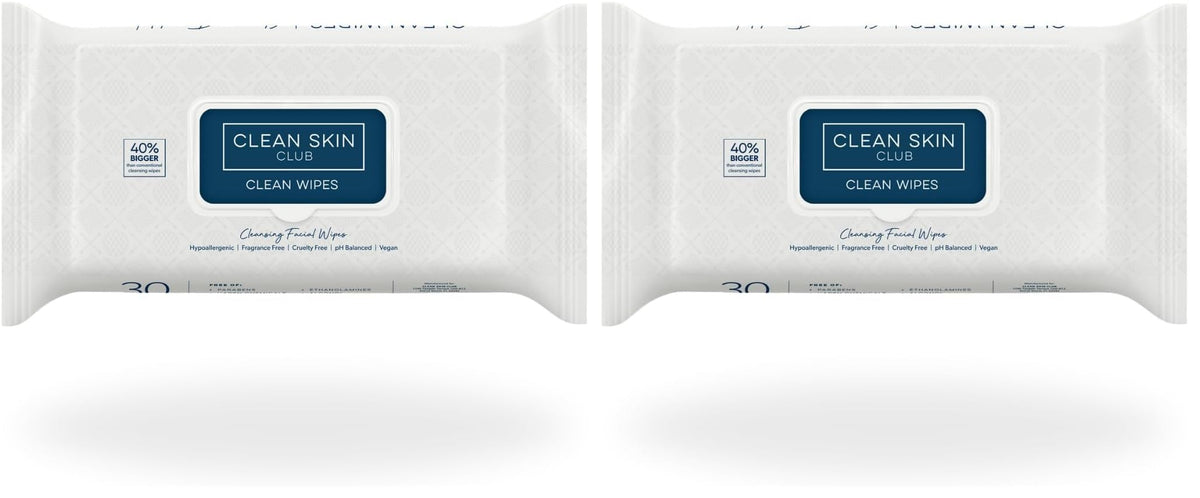 Clean Skin Club Clean Wipes, XL Makeup Remover Face Wipes, Textured Cleansing Facial Wipes for Sensitive Skin, Hypoallergenic, Fragrance-Free, Vegan, 40% Bigger, 30 Count