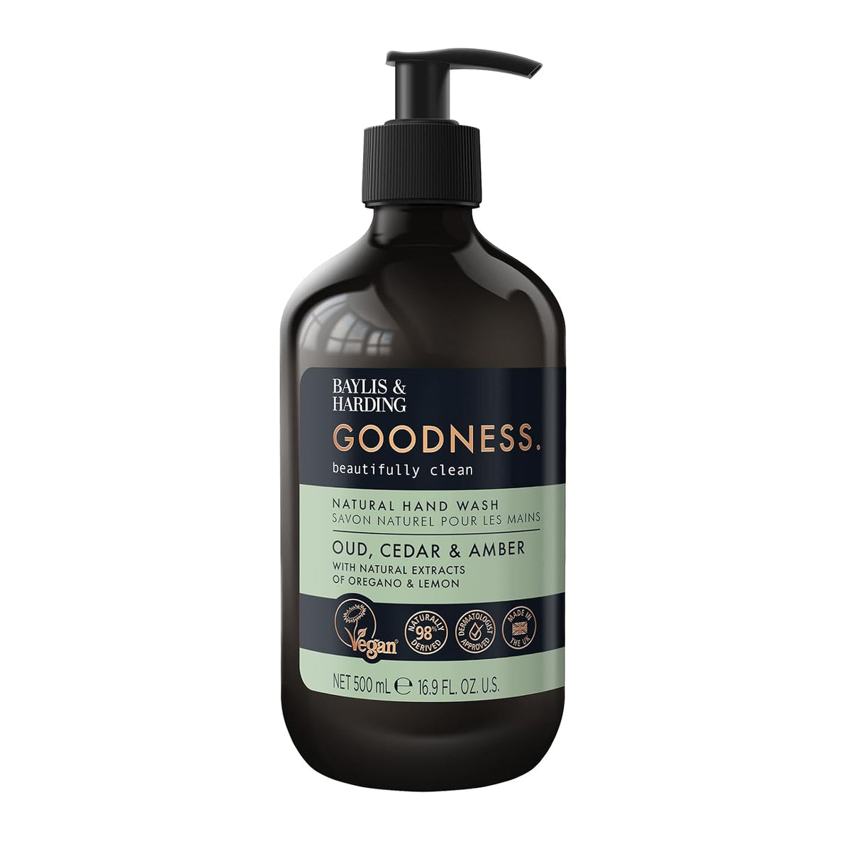 Baylis & Harding Liquid Hand Soap Wash with Dispenser, Goodness, Oud Cedar & Amber, 16.9oz/500ml (3-Pack)