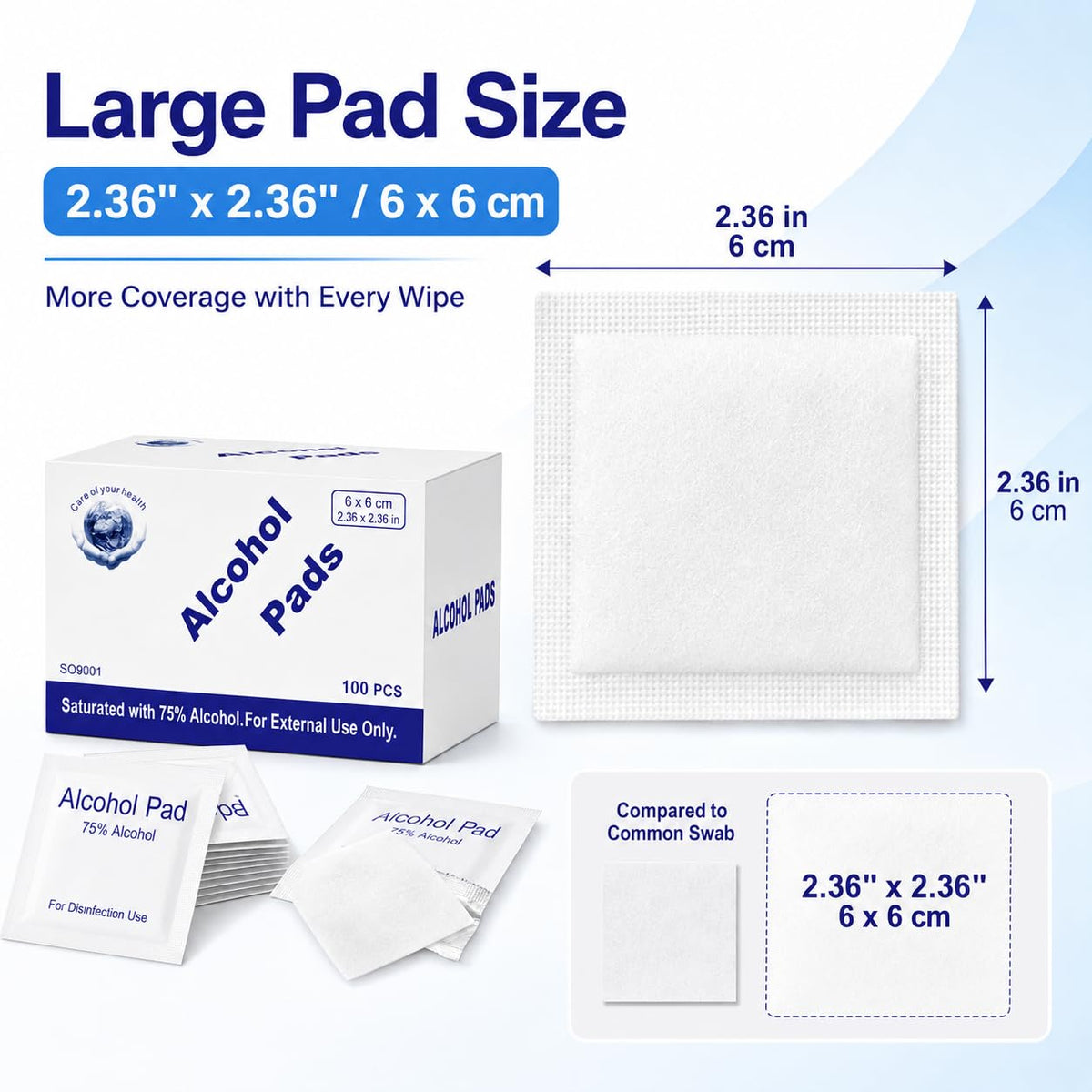 Alcohol Prep Pads, 75% Alcohol Cotton Slices, 100 Pcs Gauze Pads Individually Wrapped Swap Pad Wet Wipe, 6 x 6cm/2.36in x 2.36in