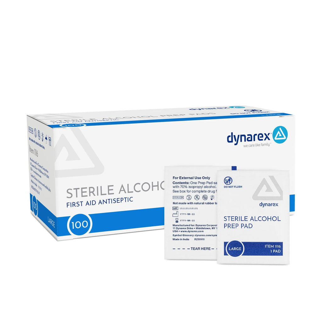 Dynarex DynaSafety Sterile Alcohol Prep Pads - Large - 70% Isopropyl Alcohol, Individually Wrapped, Soft Cleaning Wipes - 100 per Box
