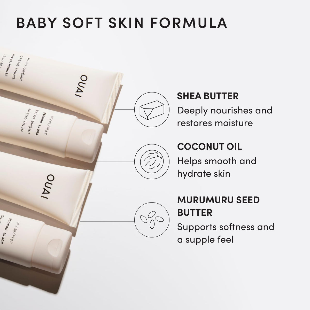 OUAI Hand Cream - Thick, Creamy Balm with Coconut Oil, Murumuru Butter and Shea Butter - Hydrating Moisturizer for Soft Hands - Use Daily to Deeply Nourish Skin (3 Oz)