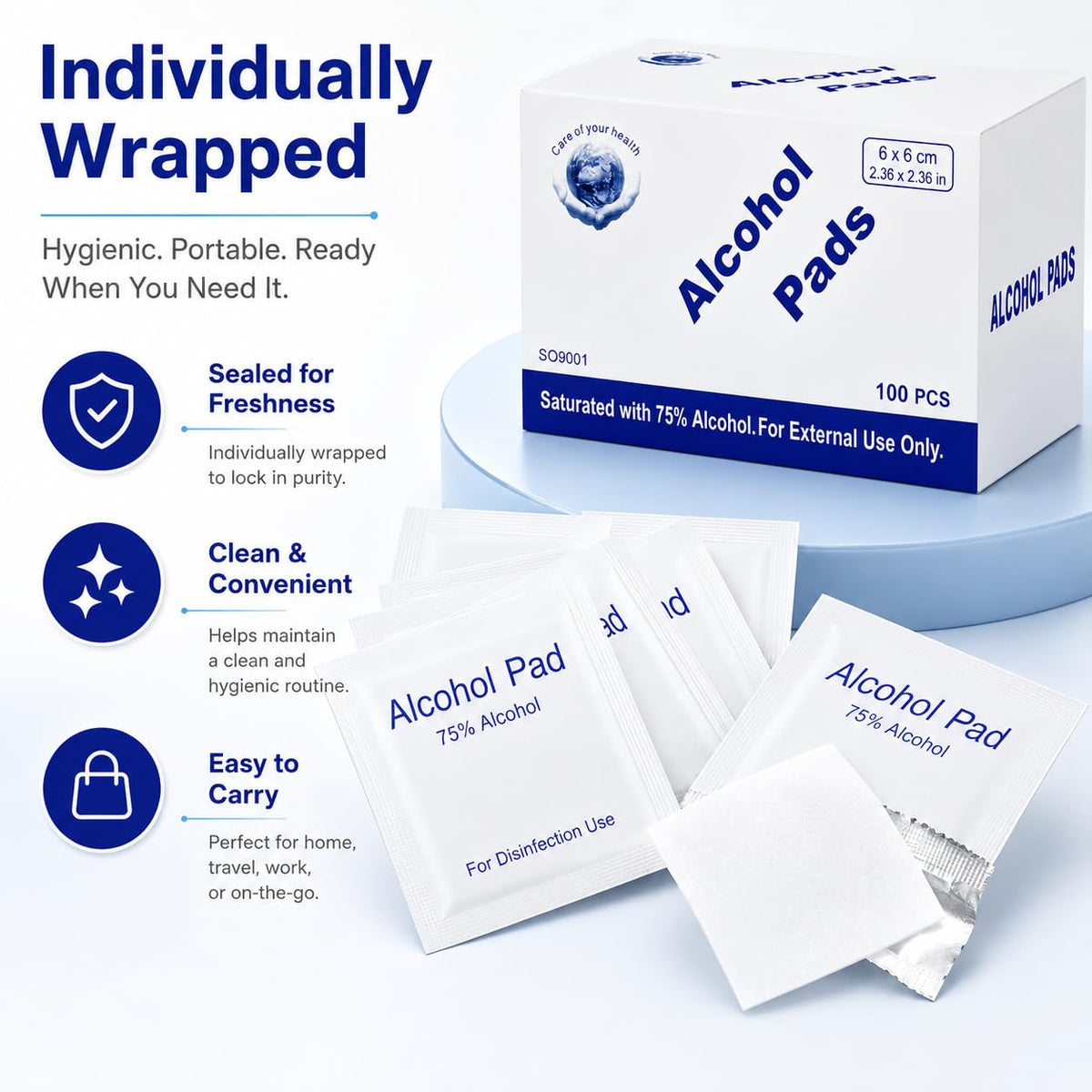 Alcohol Prep Pads, 75% Alcohol Cotton Slices, 100 Pcs Gauze Pads Individually Wrapped Swap Pad Wet Wipe, 6 x 6cm/2.36in x 2.36in