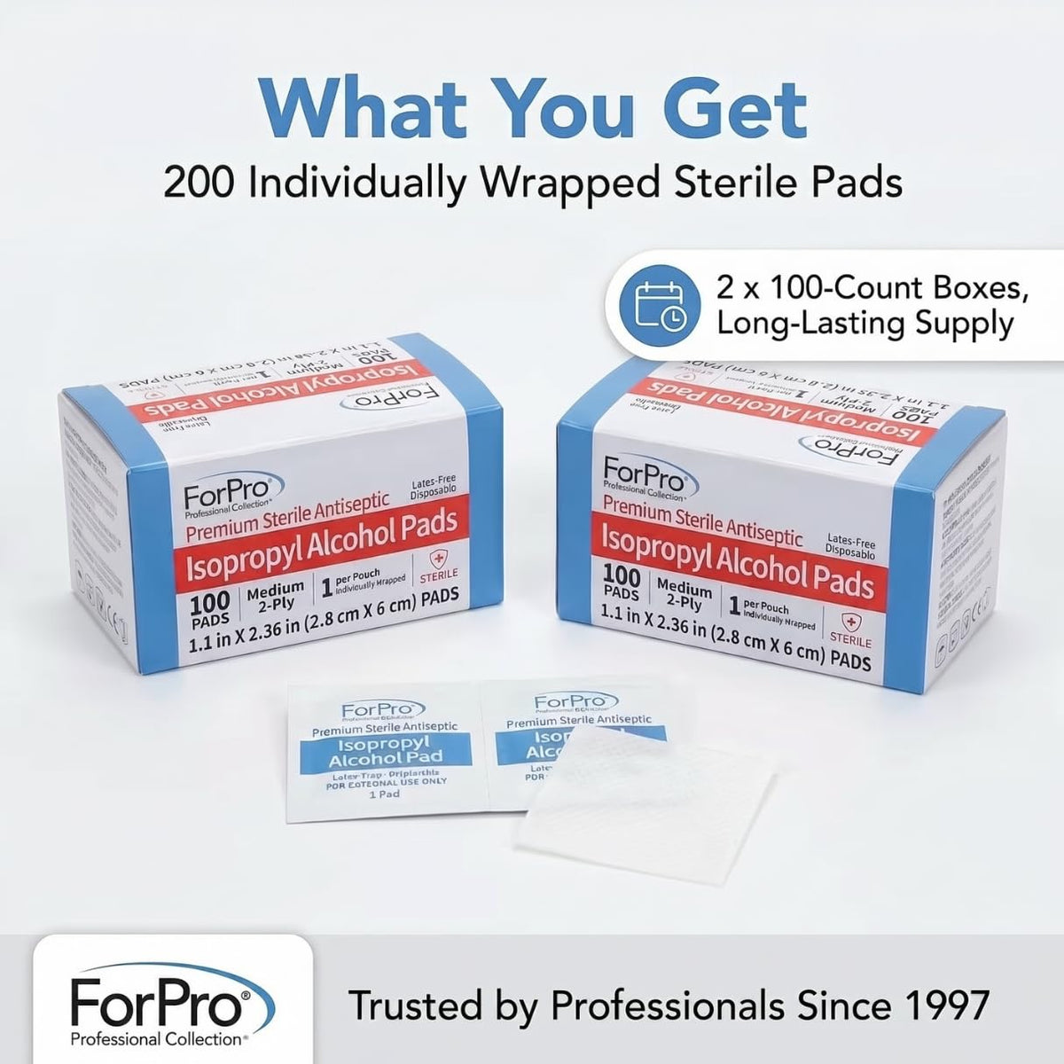 ForPro Alcohol Prep Pads, 200-Count Sterile Alcohol Wipes Individually Wrapped, 70% Isopropyl, Medium 2-Ply Medical Grade Antiseptic Pads, Latex-Free, First Aid & Injection Prep, Gamma Sterilized