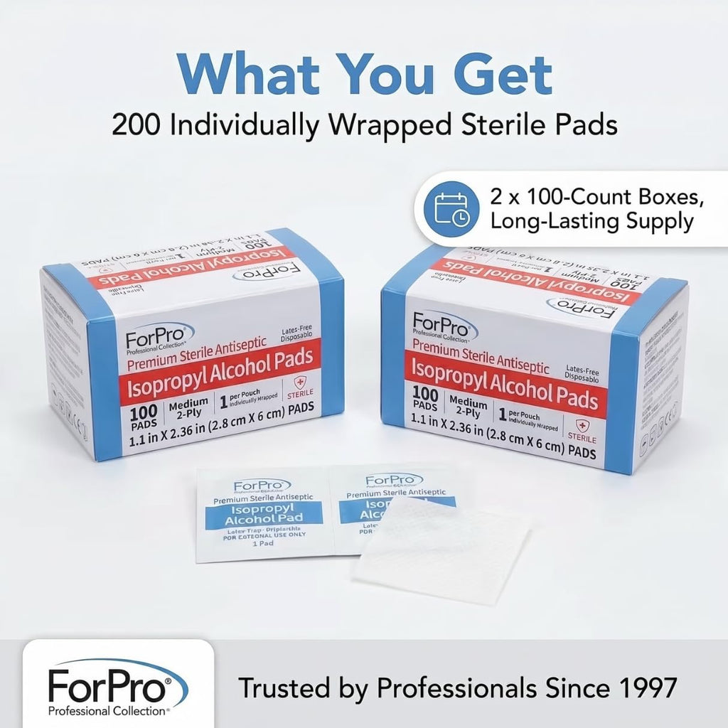 ForPro Alcohol Prep Pads, 200-Count Sterile Alcohol Wipes Individually Wrapped, 70% Isopropyl, Medium 2-Ply Medical Grade Antiseptic Pads, Latex-Free, First Aid & Injection Prep, Gamma Sterilized