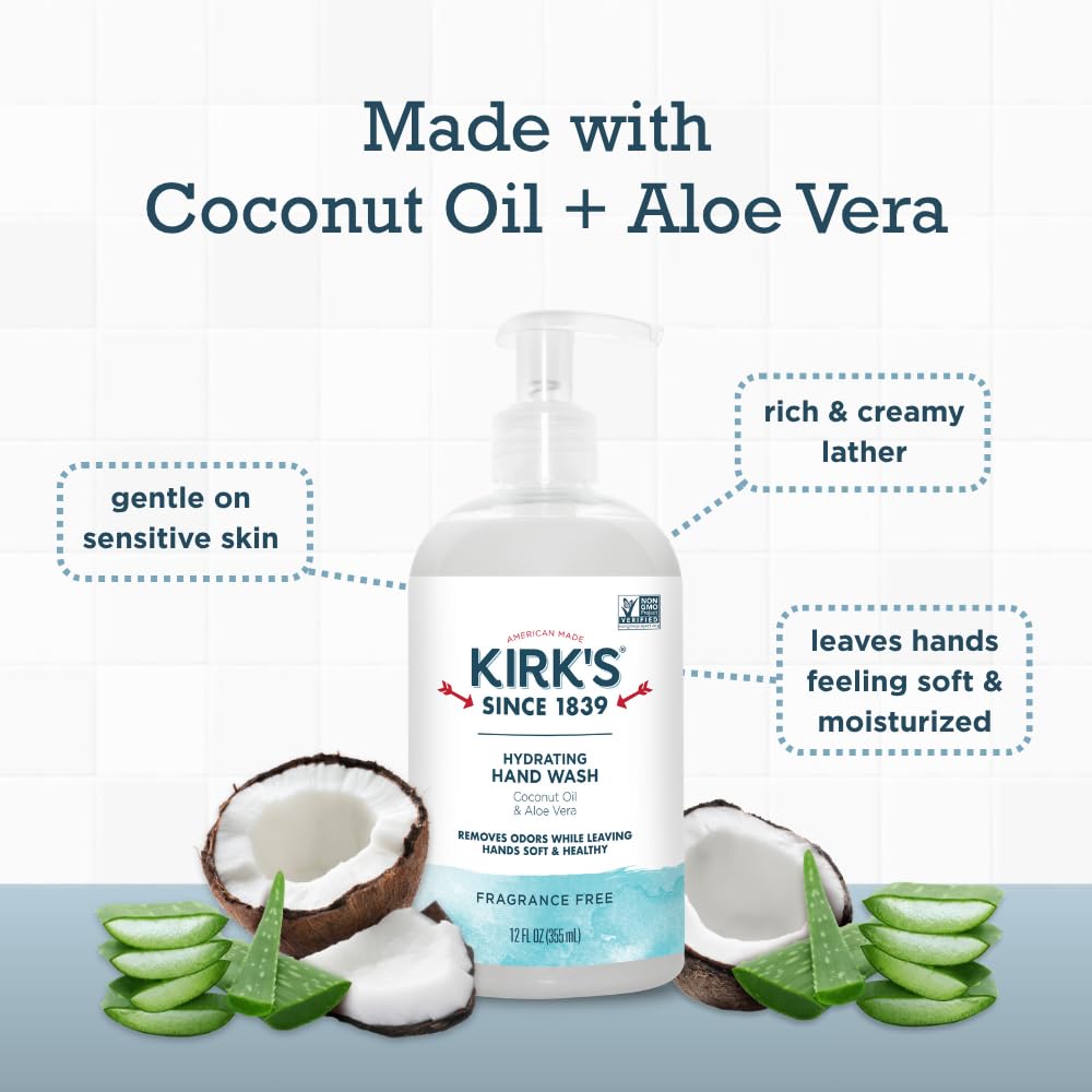 Kirk's Hydrating Hand Wash - Made with Coconut Oil and Aloe Vera, With Odor Neutralizing Technology To Help Eliminate Odors, Non-GMO, Vegan, Fragrance Free, 12 Fl Oz. 4 pack