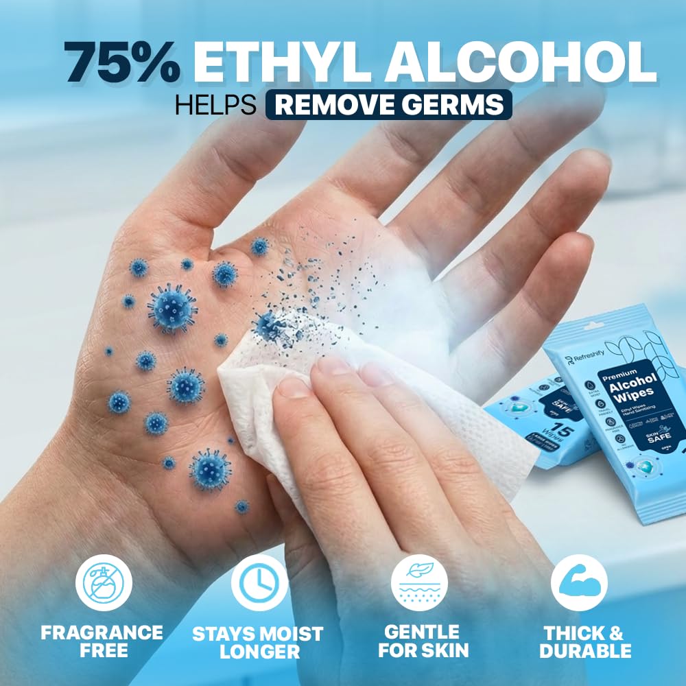 90 Large Alcohol Wipes - 75% Ethyl Alcohol Hand Wipes - 6 Packs of 15 - Fragrance Free, Skin Safe, Latex Free for Travel, Nails