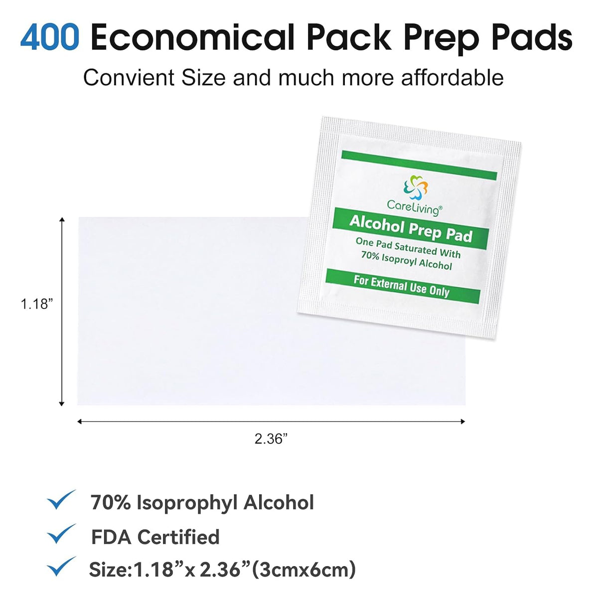 CareLiving Alcohol Prep Pads with 70% Isopropyl Alcohol, 400 Pack, Medical-Grade, Individually-Wrapped, Isopropyl Cotton Swabs, Disposable, 2 ply