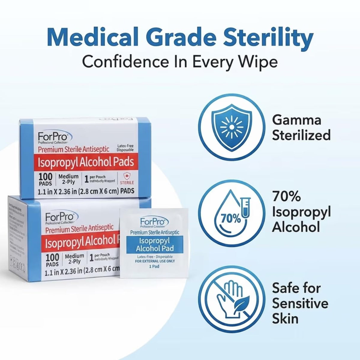 ForPro Alcohol Prep Pads, 200-Count Sterile Alcohol Wipes Individually Wrapped, 70% Isopropyl, Medium 2-Ply Medical Grade Antiseptic Pads, Latex-Free, First Aid & Injection Prep, Gamma Sterilized