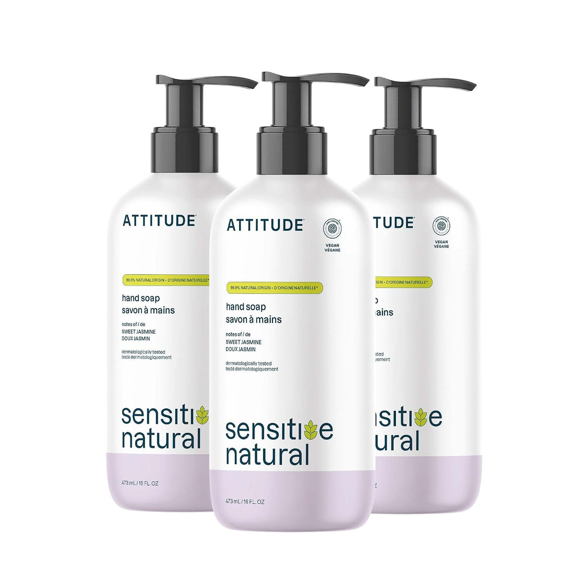 ATTITUDE Hand Soap for Sensitive Skin with Oat, EWG Verified, Dermatologically Tested, Vegan, Sweet Jasmine Scent, 16 Fl Oz (Pack of 3)