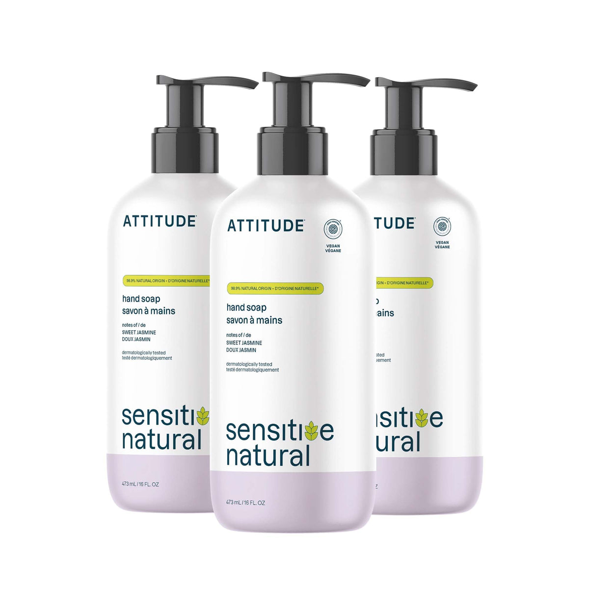 ATTITUDE Hand Soap for Sensitive Skin with Oat, EWG Verified, Dermatologically Tested, Vegan, Sweet Jasmine Scent, 16 Fl Oz (Pack of 3)