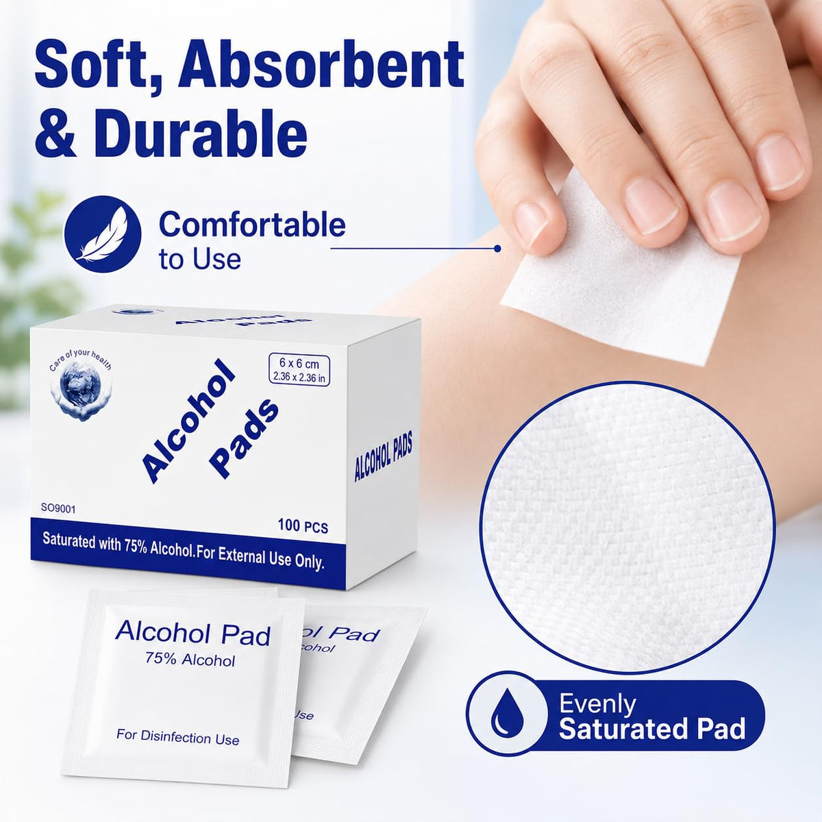 Alcohol Prep Pads, 75% Alcohol Cotton Slices, 100 Pcs Gauze Pads Individually Wrapped Swap Pad Wet Wipe, 6 x 6cm/2.36in x 2.36in
