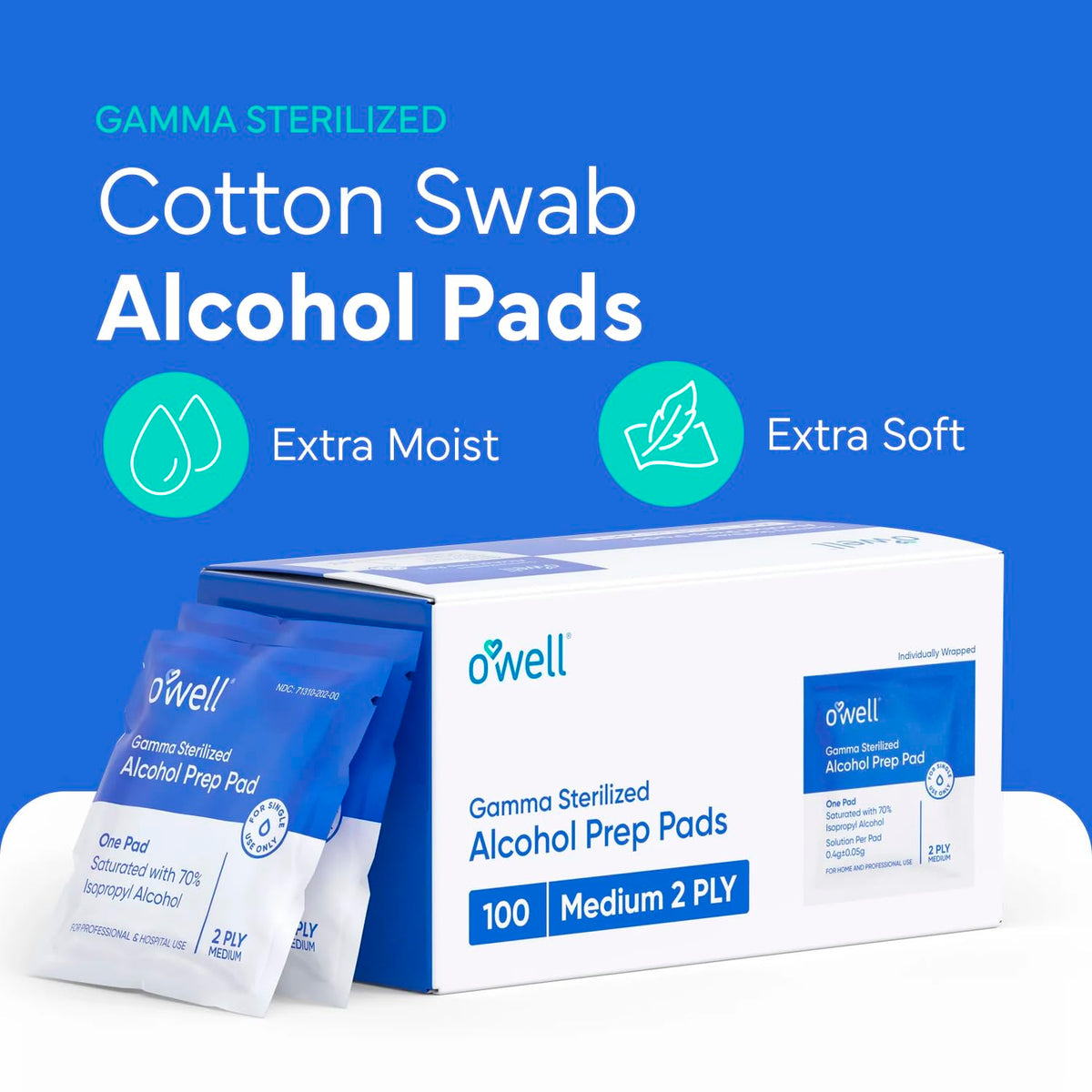 OWELL Prep Pads - 100 Individually Wrapped Sterile Alcohol Wipes, Medium 2-Ply Antiseptic Wipes for Disinfecting Skin, First Aid Kit Alcohol Swabs (100 Count)
