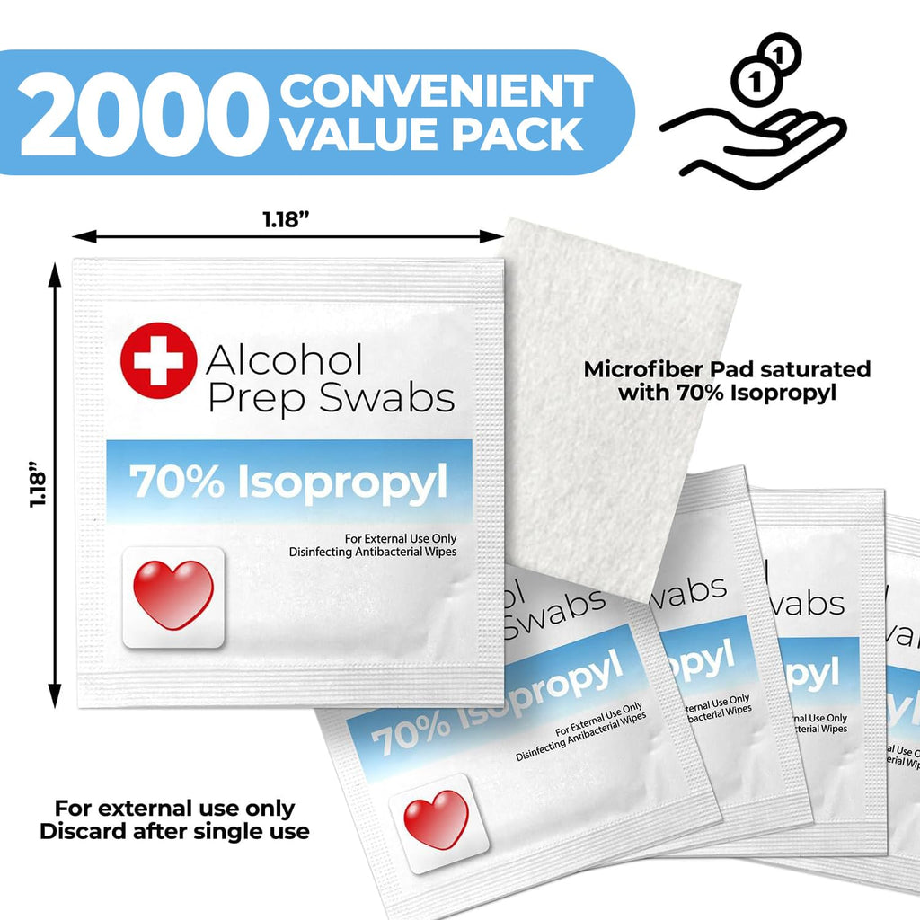 Alcohol Prep Pads - 70% Isopropyl Alcohol Wipes, 2000 Pack Individually Wrapped Alcohol Pads Bulk - Great for Home, Medical and First Aid Kits