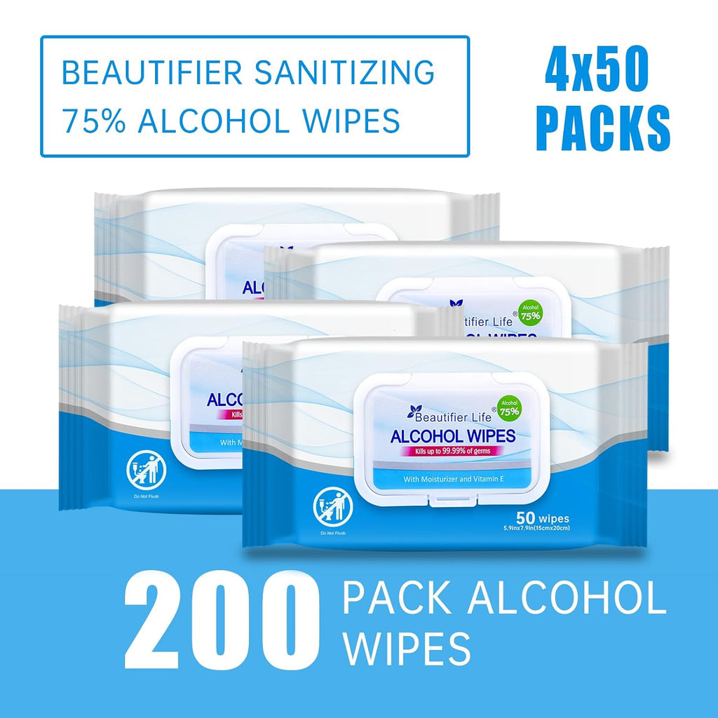 Beautifier Life 75% Alcohol Wet Hand Sanitizing Wipes - With Aloe, Moisturizer, and Vitamin E Formula - Premium Sanitizer for Travel, Home, Office, and School Use (Aloe, 200)