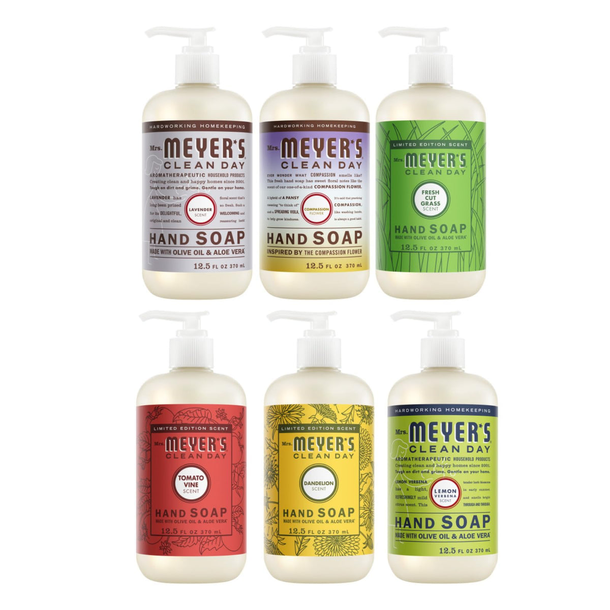 Mrs. MEYER'S CLEAN DAY Liquid Hand Soap Bottle, 12.5 Fl Oz Lilac, Rose, Mint, Lemon, Lavender, Basil (Pack of 6) (Variety Pack)