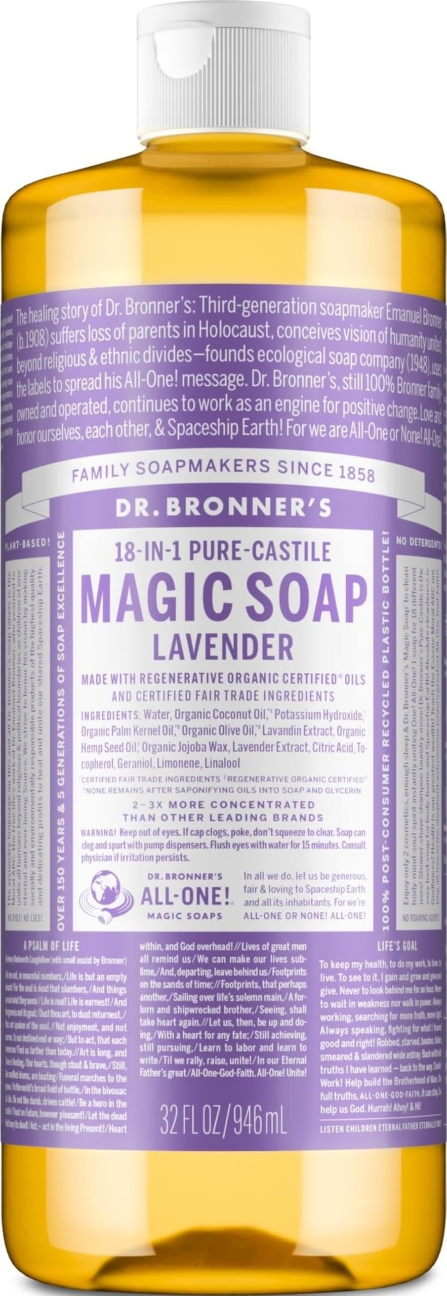 Dr. Bronner's Pure-Castile Liquid Soap, Made with Organic Oils, 18-in-1 Uses: Face, Body, Hair, Laundry, Pets and Dishes, Concentrated, Vegan, Non-GMO, Lavender, 32 Oz