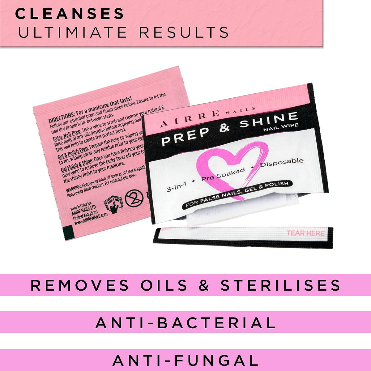 50 AIRRE NAILS Prep & Wipe Alcohol Nail Wipes 3in1 Lint-Free Prep & Shine Cleanser Pads for Gel Polish Sticky Residue & Tacky Layer Remover After UV/LED Curing – For Gel, Acrylic & False Nails & Tips