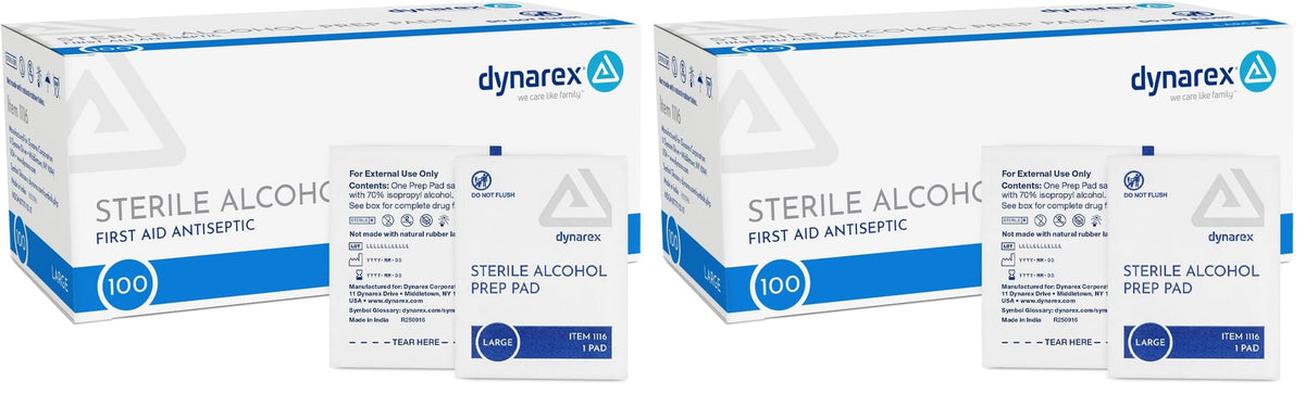 Dynarex DynaSafety Sterile Alcohol Prep Pads - Large - 70% Isopropyl Alcohol, Individually Wrapped, Soft Cleaning Wipes - 100 per Box