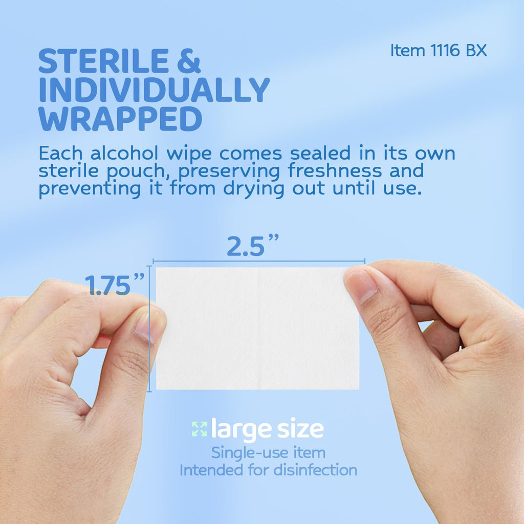 Dynarex DynaSafety Sterile Alcohol Prep Pads - Large - 70% Isopropyl Alcohol, Individually Wrapped, Soft Cleaning Wipes - 100 per Box