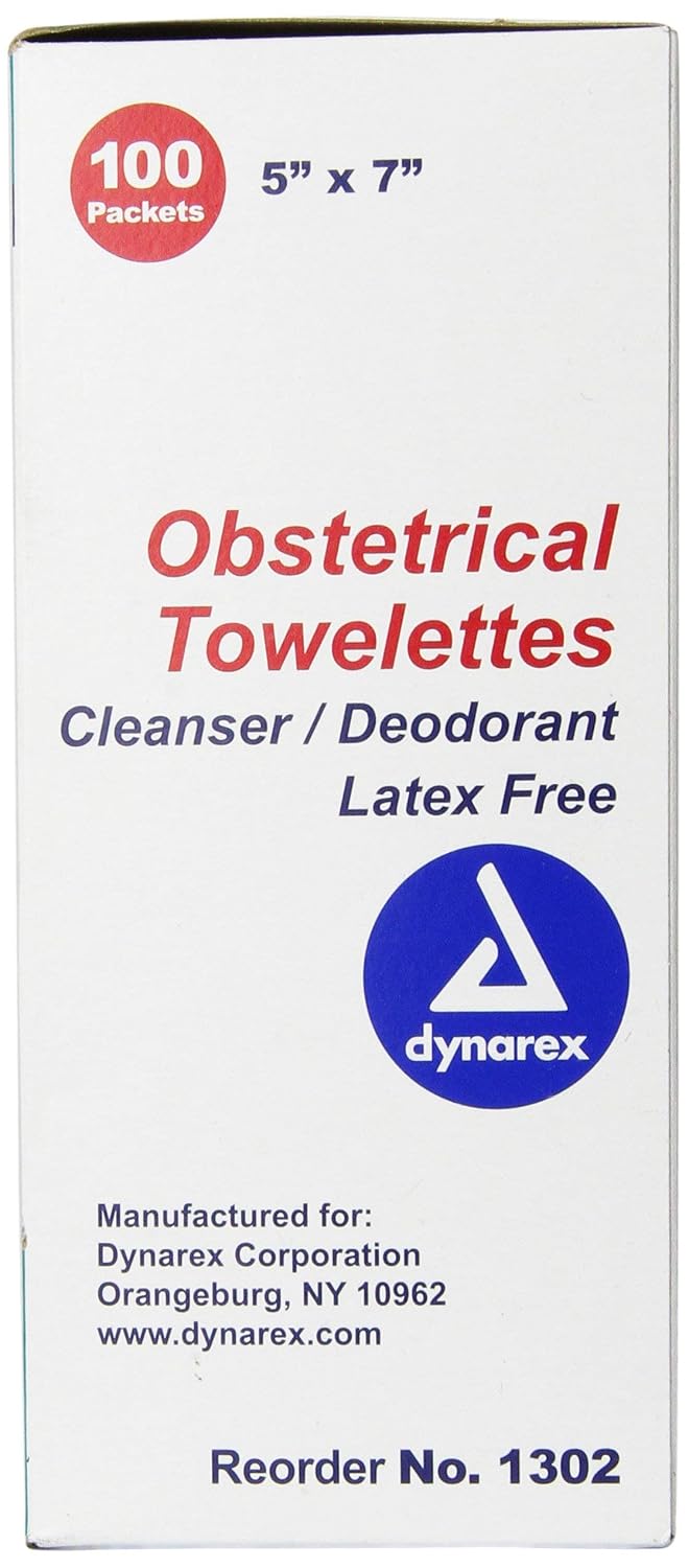 Dynarex 5 x 7" Obstetrical Towelettes - Benzalkonium Chloride Wipes with 5% Alcohol - Pre-Moistened, Scented & Individually Wrapped Sanitizing Wipes - 1 Box of 100 Wipes