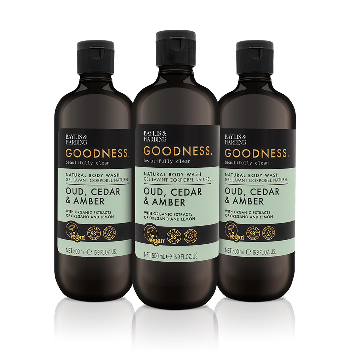 Baylis & Harding Liquid Hand Soap Wash with Dispenser, Goodness, Oud Cedar & Amber, 16.9oz/500ml (3-Pack)