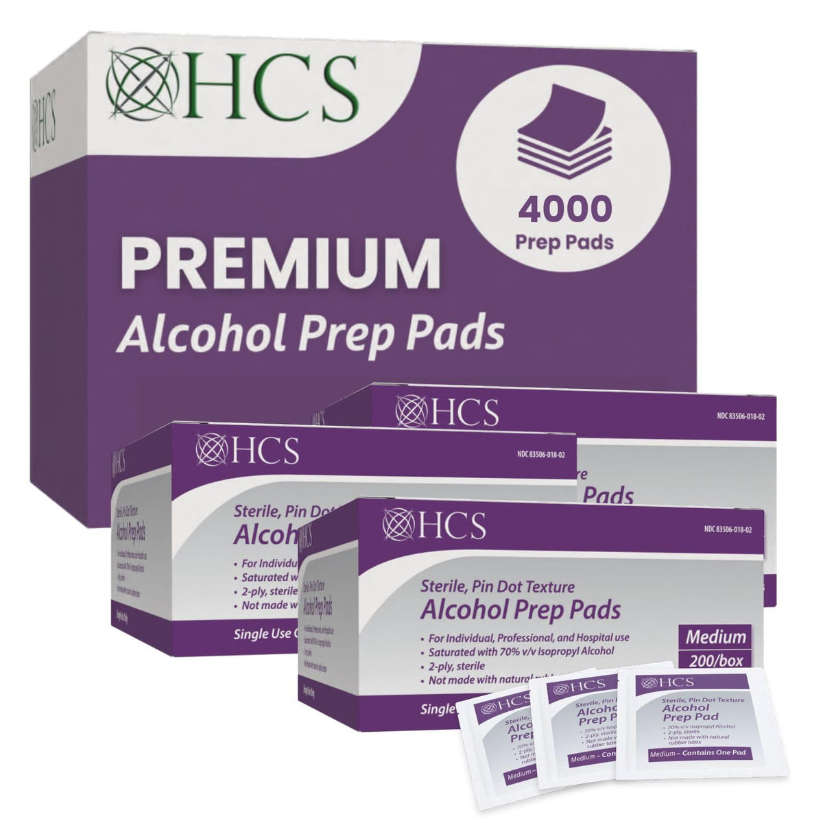 HCS Medium Alcohol Prep Pads - 70% Isopropyl Alcohol Wipes, Individually Wrapped - 2 ply, Textured, Sterile Skin Prep Swabs (200/Box)