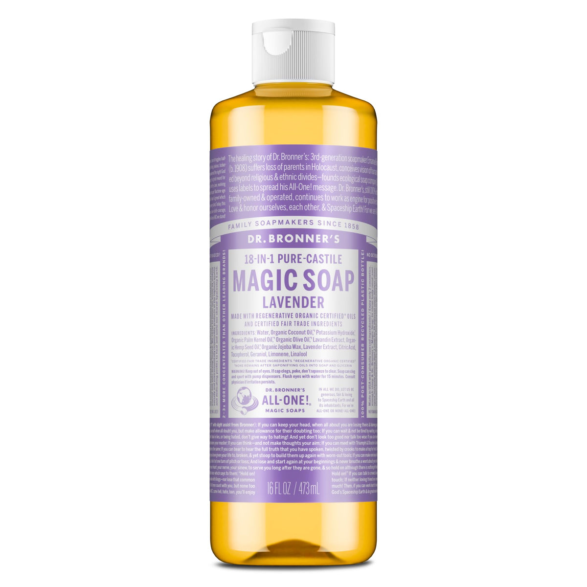 Dr. Bronner's Pure-Castile Liquid Soap, Made with Organic Oils, 18-in-1 Uses: Face, Body, Hair, Laundry, Pets and Dishes, Concentrated, Vegan, Non-GMO, Lavender, 32 Oz