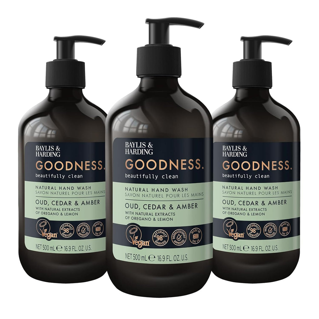 Baylis & Harding Liquid Hand Soap Wash with Dispenser, Goodness, Oud Cedar & Amber, 16.9oz/500ml (3-Pack)