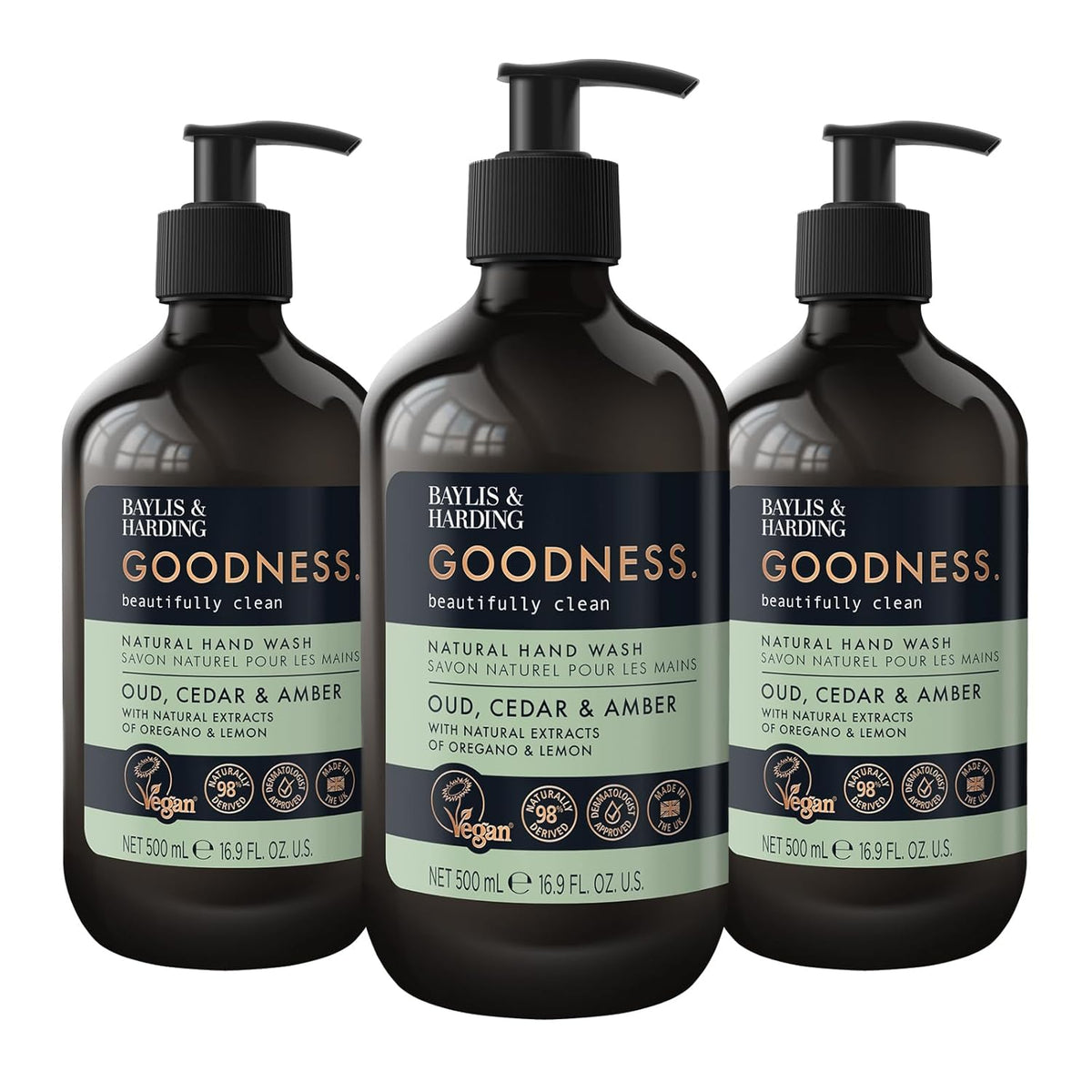 Baylis & Harding Liquid Hand Soap Wash with Dispenser, Goodness, Oud Cedar & Amber, 16.9oz/500ml (3-Pack)