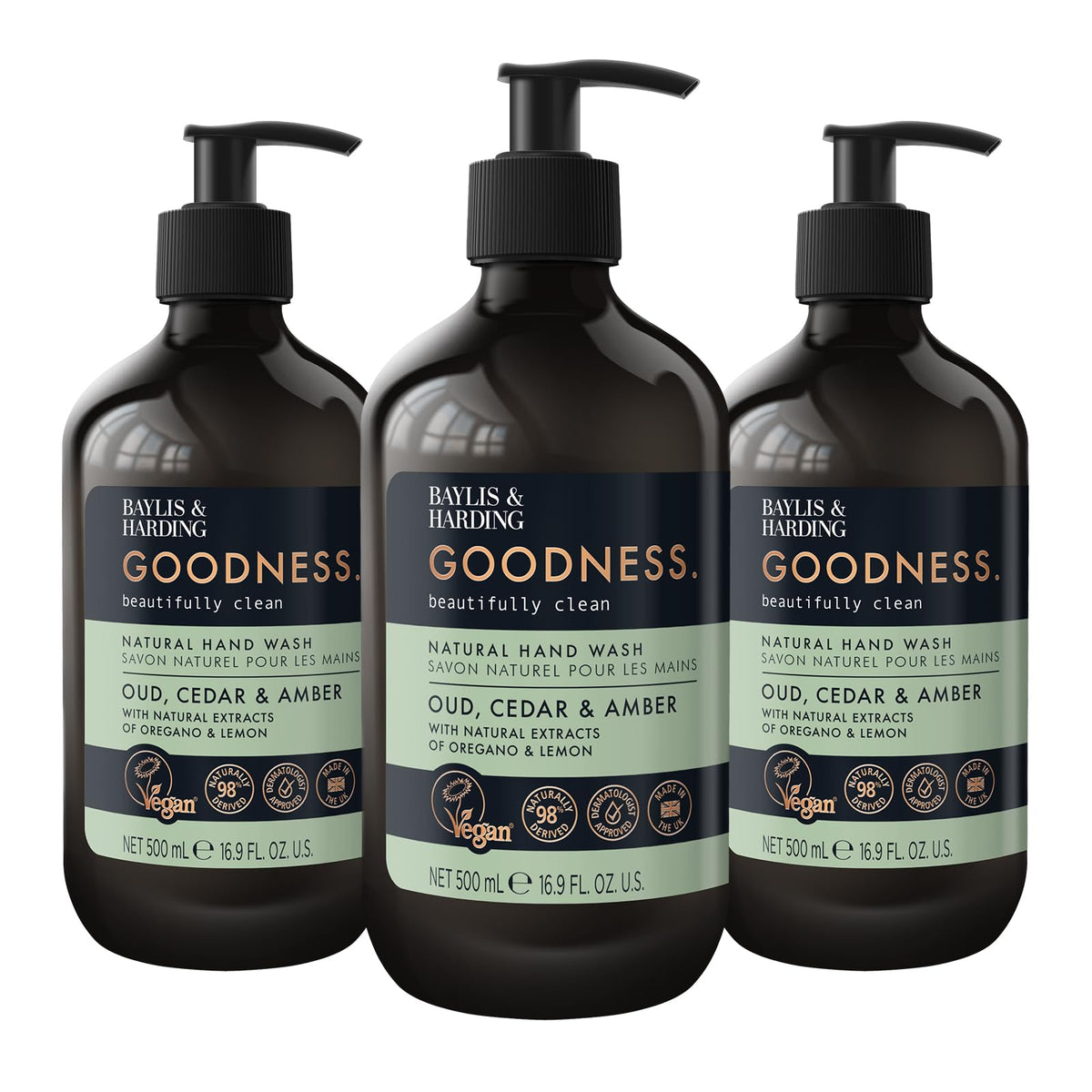 Baylis & Harding Liquid Hand Soap Wash with Dispenser, Goodness, Oud Cedar & Amber, 16.9oz/500ml (3-Pack)