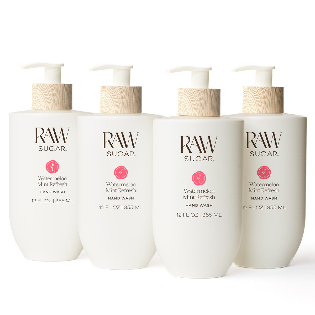 RAW SUGAR Hand Wash Variety Bundle (12 Fl Oz, Pack of 4) Vegan Soap, Coconut Mango Glow, Pineapple Maqui Berry Reviver, Watermelon Mint Refresh, Lemon Sugar Love, Made without SLS/SLES & Parabens
