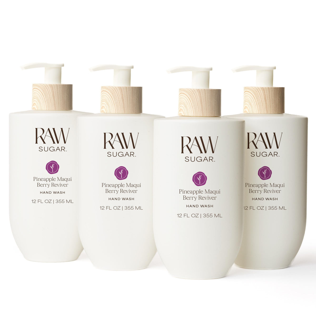 RAW SUGAR Hand Wash Variety Bundle (12 Fl Oz, Pack of 4) Vegan Soap, Coconut Mango Glow, Pineapple Maqui Berry Reviver, Watermelon Mint Refresh, Lemon Sugar Love, Made without SLS/SLES & Parabens