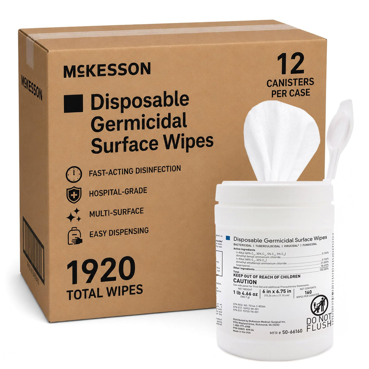 McKesson Germicidal Wipes, Disinfecting Alcohol Wipes, 12 Pack, 1920 Wipes