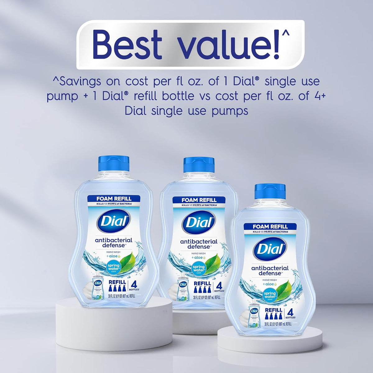 Dial Antibacterial Defense Foaming Hand Soap + Aloe, Spring Water Scent, 30 Fl Oz Hand Soap Refill (4 Pack), Dermatologist-Tested, Gentle on Skin