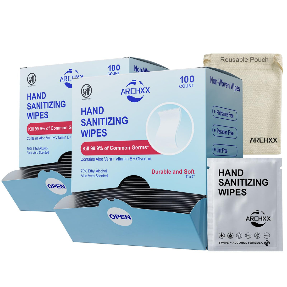 ARCHXX Cotton-Like Softness Hand Sanitizer Wipes, 100 Count, Antibacterial Hand Wipes Individually Wrapped, 70% Alcohol, Travel Size, Sanitizing for Home, Office & Outdoor, Aloe Vera Scent