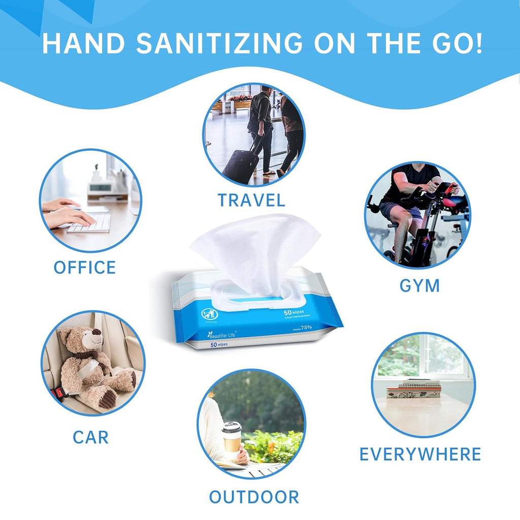 Beautifier Life 75% Alcohol Wet Hand Sanitizing Wipes - With Aloe, Moisturizer, and Vitamin E Formula - Premium Sanitizer for Travel, Home, Office, and School Use (Aloe, 200)