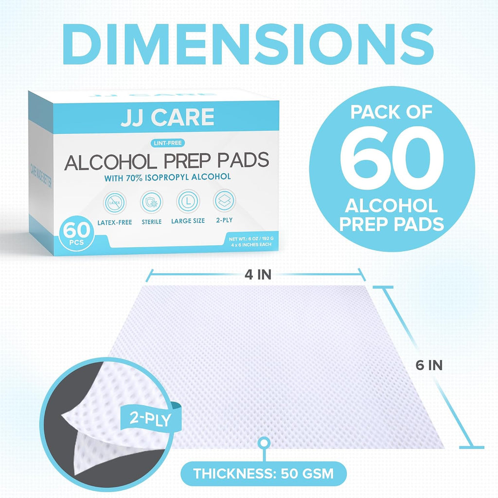 Large Alcohol Prep Pads, 4" x 6" – Pack of 60, Individually Wrapped Sterile 2-Ply Pads with 70% Isopropyl Alcohol, Single-Use Skin Prep Wipes for First Aid Kits, Home & Travel
