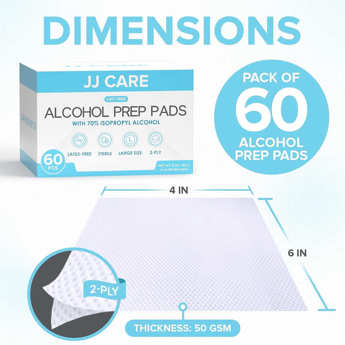 Large Alcohol Prep Pads, 4" x 6" – Pack of 60, Individually Wrapped Sterile 2-Ply Pads with 70% Isopropyl Alcohol, Single-Use Skin Prep Wipes for First Aid Kits, Home & Travel