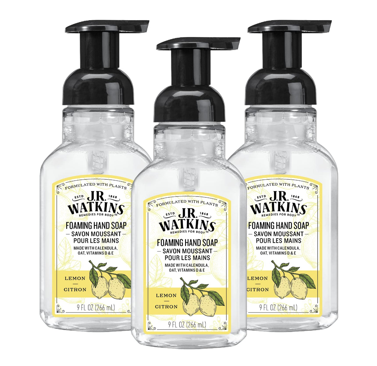 J.R. Watkins Moisturizing Foam Hand Soap Dispenser 3 Pack, Lemon, 9 fl oz