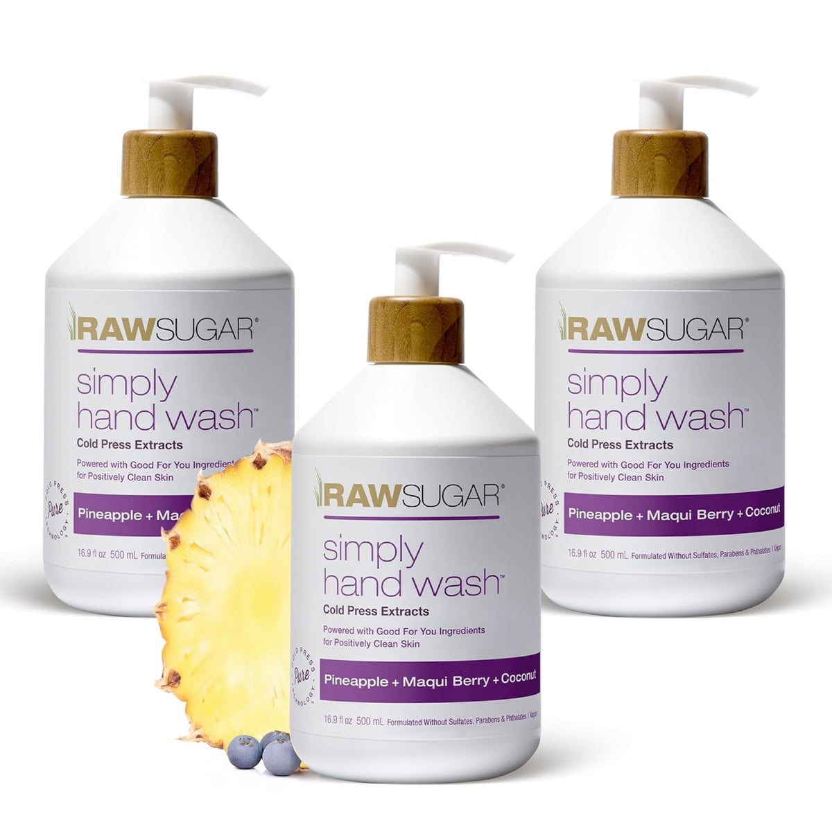 RAW SUGAR Hand Wash Variety Bundle (12 Fl Oz, Pack of 4) Vegan Soap, Coconut Mango Glow, Pineapple Maqui Berry Reviver, Watermelon Mint Refresh, Lemon Sugar Love, Made without SLS/SLES & Parabens