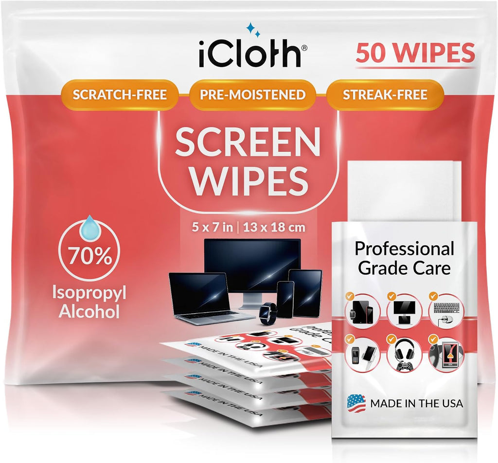 iCloth 70% Isopropyl Alcohol Large Screen and Electronics Wipes, Lint-Free, Streak-Free, Fast-Drying, Removes Dust and Fingerprints (50 Wipes)